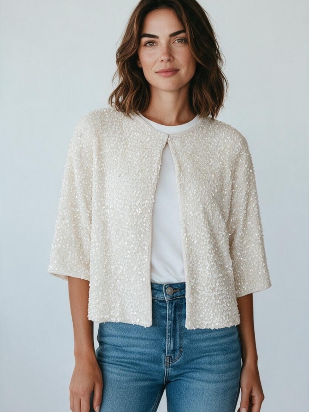 H&M Cream Sequin Open-Front Cropped Jacket